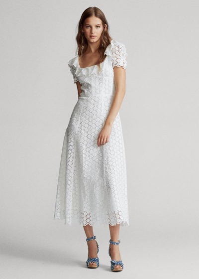 Vestidos Polo Ralph Lauren Mujer Blancos - Linen Eyelet Midi - CADEJ9246